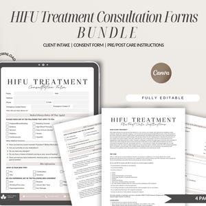 Puede incluir: Un conjunto de cuatro formularios de consulta de tratamiento HIFU imprimibles en un paquete. Los formularios incluyen un formulario de admisión del cliente, un formulario de consentimiento y instrucciones de atención previas y posteriores. Los formularios son totalmente editables y se pueden utilizar para una variedad de tratamientos de belleza.