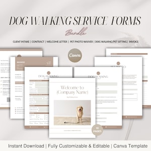 以下が含まれることがあります： 薄い茶色と白のカラーリングで、印刷可能な犬の散歩サービスフォーム10枚セット。フォームには、顧客受付フォーム、契約書、歓迎レター、ペット写真使用許可書、犬の散歩/ペットシッター請求書、請求書が含まれています。フォームはCanvaでカスタマイズして編集できます。「(会社名)へようこそ」というテキストがフォームの1つに表示され、ゴールデンレトリバーの写真も掲載されています。