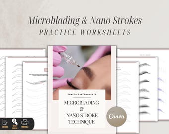 Hojas de práctica de microblading y nanotrazos, hoja de práctica de cejas PMU, hojas de trabajo editables de mapeo y patrones de trazos de cejas