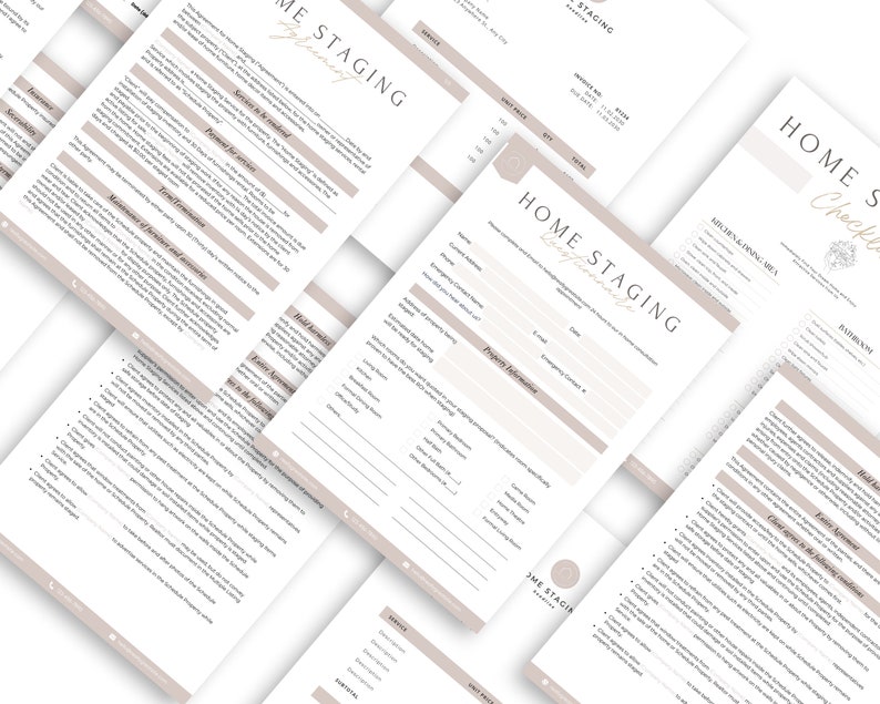 May include: A beige and white checklist for home staging with the title "Home Staging Checklist" and the words "Kitchen/Dining Area" and "Bathrooms" in the top right corner.