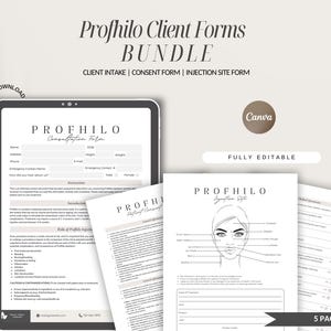 May include: A set of five printable forms for a beauty business. The forms are titled "Profhilo Consultation Form", "Profhilo Patient Consent", and "Profhilo Injection Site". The forms are fully editable and can be used for client intake, consent, and injection site information.