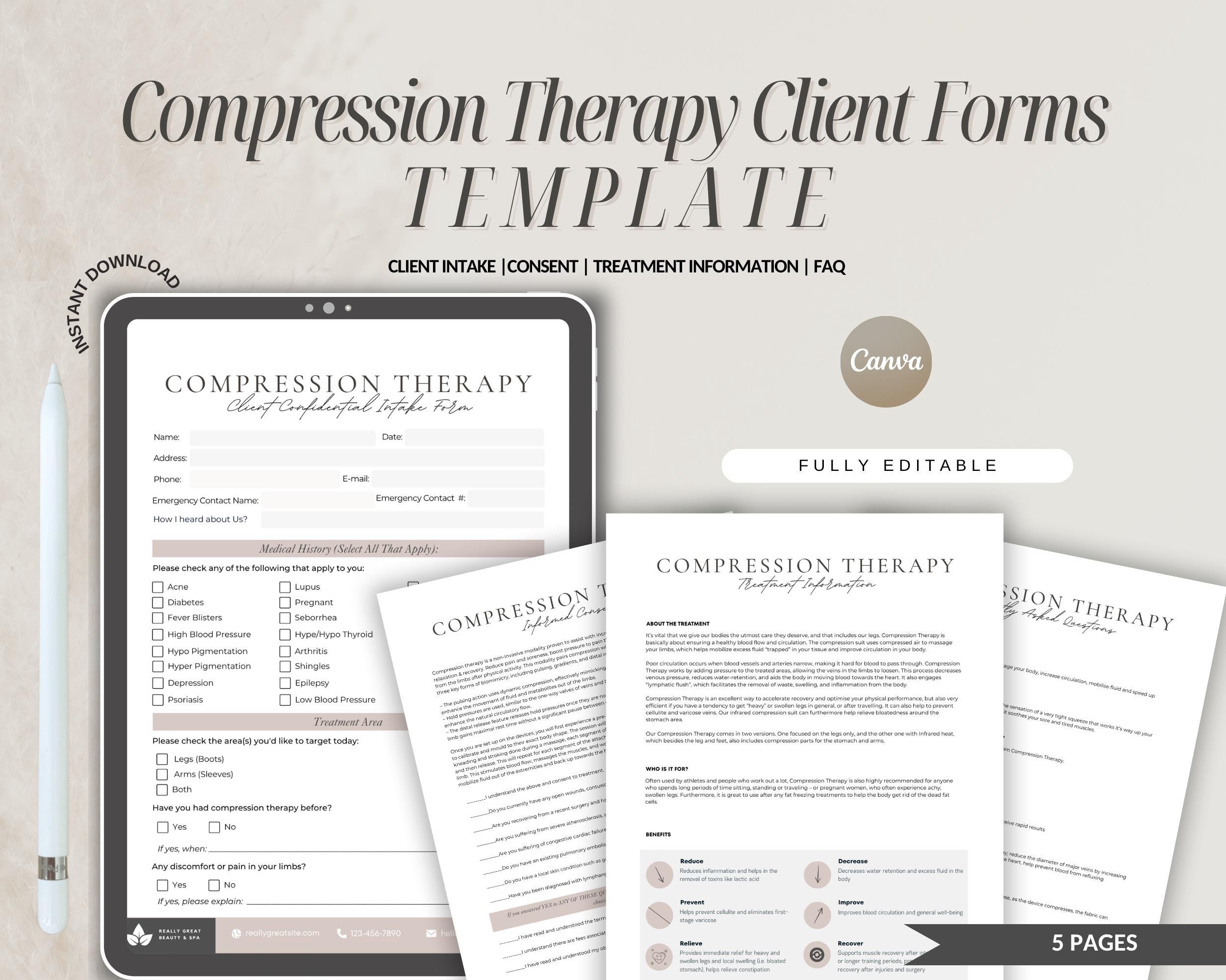 Compression Therapy Client Intake Form: Editable Canva Template (PDF ...