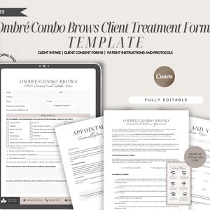 May include: A digital template for ombré and combo brow client treatment forms. The template includes client intake, consent forms, patient instructions, and protocols. The template is fully editable and can be used with Canva.