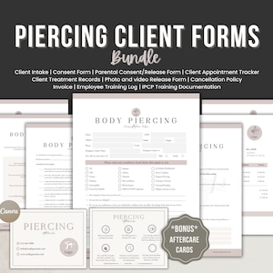 Piercing Client Forms Bundle Template,Client Intake Form, Piercing Consent, Medical History,Liability Waiver & Aftercare Forms