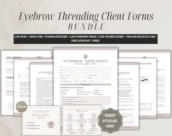 Formularios para depilación de cejas con hilo, plantilla de formulario de consentimiento, tarjeta de cuidados posteriores, tratamientos editables para cejas, plantillas para esteticistas