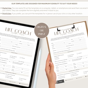Op de afbeelding: Een printbaar intakeformulier voor life coaches met secties voor persoonlijke informatie, huwelijksgeschiedenis, coachingdoelen en -doelstellingen. Het formulier heeft een bruin en wit kleurenschema met de tekst "Life Coach Intake Form" bovenaan.