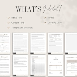 Op de afbeelding: Een set printbare formulieren voor life coaches, inclusief een intakeformulier, een toestemmingsformulier, een formulier voor gedachten en gedrag, een factuur en een formulier voor coachingdoelen. De formulieren zijn ontworpen in een minimalistische stijl met een witte achtergrond en zwarte tekst.