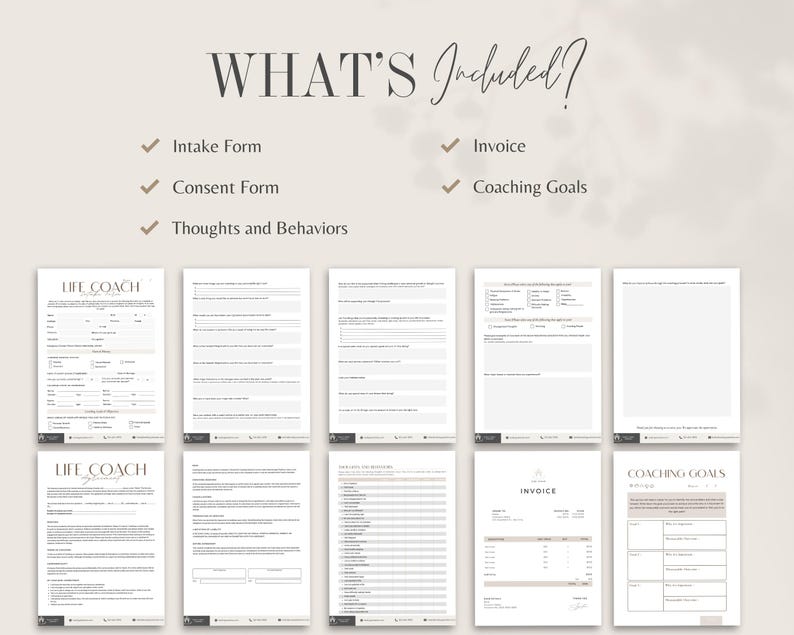 Op de afbeelding: Een set printbare formulieren voor life coaches, inclusief een intakeformulier, een toestemmingsformulier, een formulier voor gedachten en gedrag, een factuur en een formulier voor coachingdoelen. De formulieren zijn ontworpen in een minimalistische stijl met een witte achtergrond en zwarte tekst.