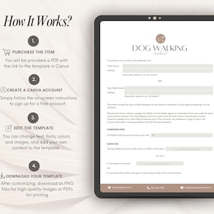 Puede incluir: Una plantilla digital para un contrato de paseo de perros. La plantilla incluye secciones para la informaci&oacute;n del cliente y del paseador de perros, la compensaci&oacute;n, la duraci&oacute;n y la terminaci&oacute;n. La plantilla est&aacute; dise&ntilde;ada para ser utilizada en Canva.