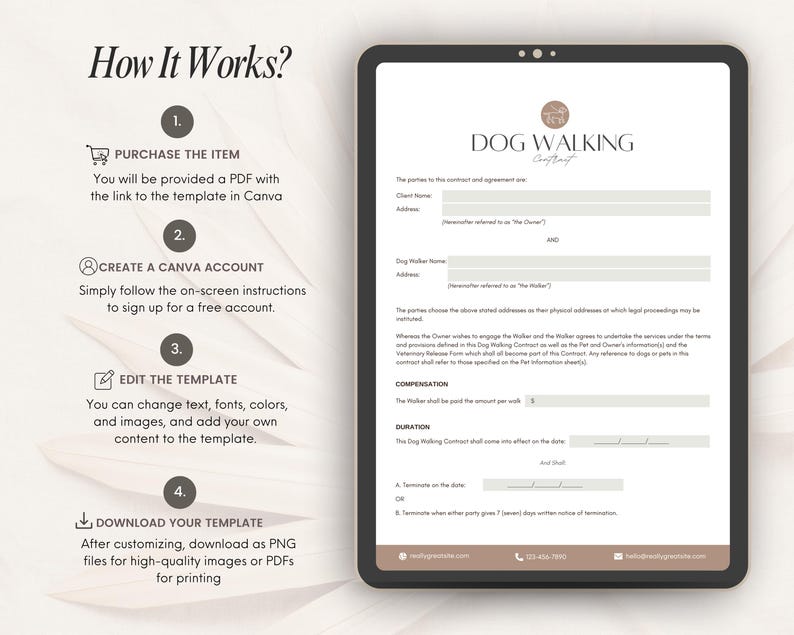 Puede incluir: Una plantilla digital para un contrato de paseo de perros. La plantilla incluye secciones para la informaci&oacute;n del cliente y del paseador de perros, la compensaci&oacute;n, la duraci&oacute;n y la terminaci&oacute;n. La plantilla est&aacute; dise&ntilde;ada para ser utilizada en Canva.