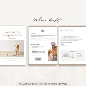 Puede incluir: Un paquete de bienvenida para un servicio de paseo de perros. El paquete incluye un mensaje de bienvenida, una lista de los servicios ofrecidos y una secci&oacute;n antes de comenzar con la informaci&oacute;n de contacto y el horario de oficina. El precio es de 500 &euro;.