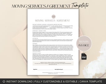 May include: A printable moving services agreement template with a bonus invoice. The document includes sections for moving charges, unique items, payment, and damage claims.