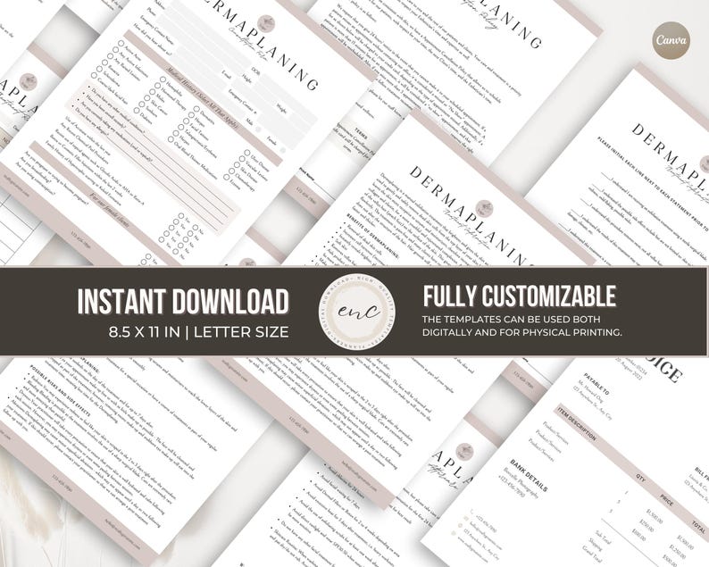 May include: A collection of white and soft pink dermaplaning consent and intake forms in 21.6 x 27.9 cm letter size. The documents feature black text, including headers labelled DERMAPLANING, medical history sections, and service policy details.