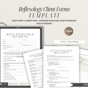 May include: A digital template for reflexology client forms, including intake, consent, aftercare, and assessment documents. The forms are displayed on a tablet and printed pages, with the text "Reflexology Client Forms TEMPLATE" at the top. The template is fully editable.