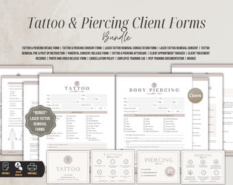 Paquete de formularios para tatuajes y perforaciones corporales, kit empresarial editable para estudios de tatuajes, formularios de consentimiento, cuidados posteriores, admisión de clientes, plantillas de Canva.
