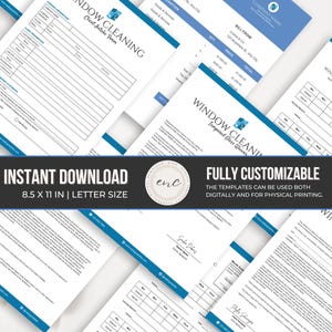 Peut inclure: Un ensemble de mod&egrave;les pour entreprise de nettoyage de vitres comprenant un formulaire d'admission client, une facture et une d&eacute;charge de responsabilit&eacute;. Les documents pr&eacute;sentent des en-t&ecirc;tes bleus et du texte noir sur fond blanc.