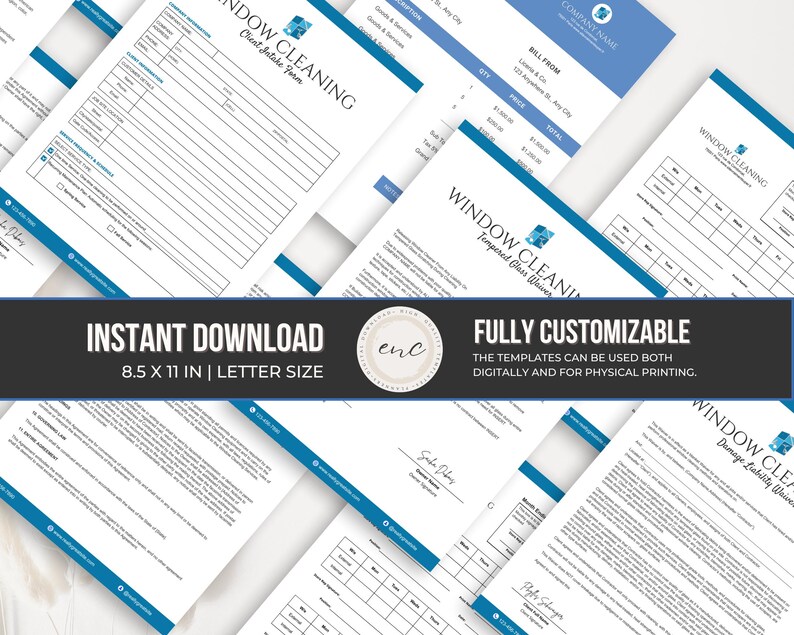Peut inclure: Un ensemble de mod&egrave;les pour entreprise de nettoyage de vitres comprenant un formulaire d'admission client, une facture et une d&eacute;charge de responsabilit&eacute;. Les documents pr&eacute;sentent des en-t&ecirc;tes bleus et du texte noir sur fond blanc.
