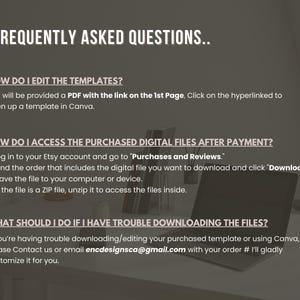 May include: A digital information graphic titled FREQUENTLY ASKED QUESTIONS with white text on a dark grey background. It provides instructions on editing templates via Canva, accessing purchased digital files on Etsy, and contacting encdesignsca@gmail.com.