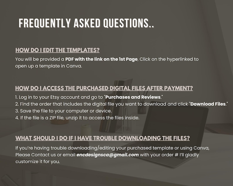 May include: A digital information graphic titled FREQUENTLY ASKED QUESTIONS with white text on a dark grey background. It provides instructions on editing templates via Canva, accessing purchased digital files on Etsy, and contacting encdesignsca@gmail.com.