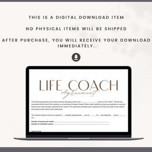 Op de afbeelding: Een digitale download van een Life Coach Agreement sjabloon. Het document wordt weergegeven op een laptopscherm en bevat secties voor de bedrijfsnaam, de klant, de duur van het contract, het aantal sessies en de duur van de geplande sessies.