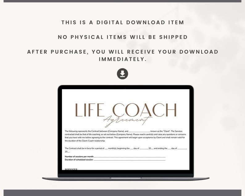 Op de afbeelding: Een digitale download van een Life Coach Agreement sjabloon. Het document wordt weergegeven op een laptopscherm en bevat secties voor de bedrijfsnaam, de klant, de duur van het contract, het aantal sessies en de duur van de geplande sessies.