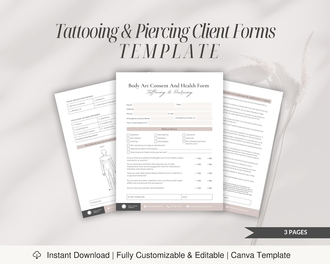 Body Art Consent and Consultation Forms for Tattoos and Piercings - Etsy