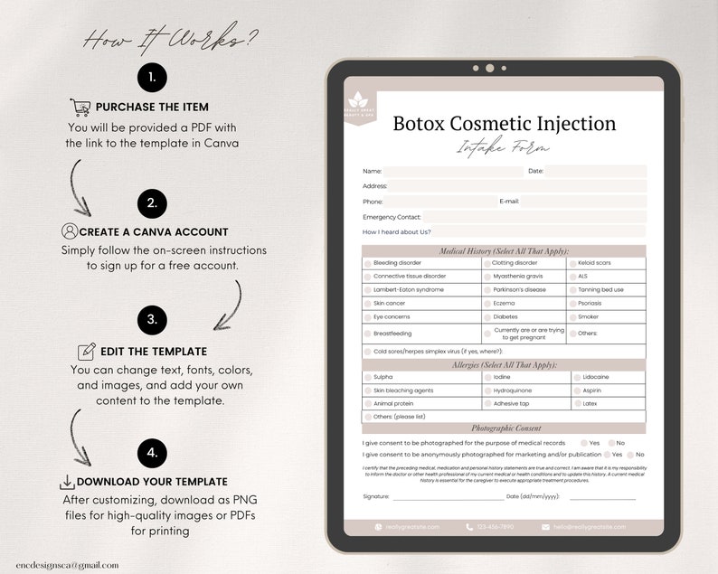 Editable botox consent form aesthetic nurse injection record cosmetic