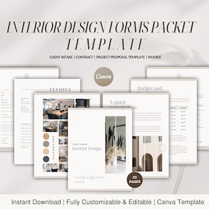 Puede incluir: Una plantilla de Canva para formularios de diseño de interiores. La plantilla incluye un formulario de captación de clientes, un contrato, una propuesta de proyecto y una factura. La plantilla es totalmente personalizable y editable. La plantilla está disponible para descarga instantánea.