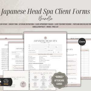 Modèle d'ensemble de formulaires client Head Spa japonais pour salons de coiffure | Formulaire d'accueil du client, analyse du cuir chevelu, consentement et formulaires de suivi