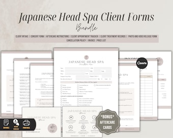 Plantilla de formularios para clientes de spa japonés para salones: formulario de admisión, análisis del cuero cabelludo, acuerdo de consentimiento y formularios de cuidados posteriores.