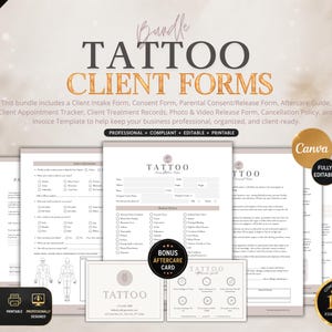 Modèle d'ensemble de formulaires client pour tatoueurs | Formulaire de consentement, antécédents médicaux, instructions de suivi, formulaires d'admission et de libération des clients