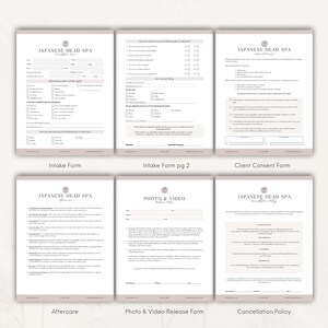 May include: A set of six white Japanese Head Spa business forms including an intake form, intake form page two, client consent form, aftercare instructions, photo and video release form, and a cancellation policy, all featuring black text and headers.