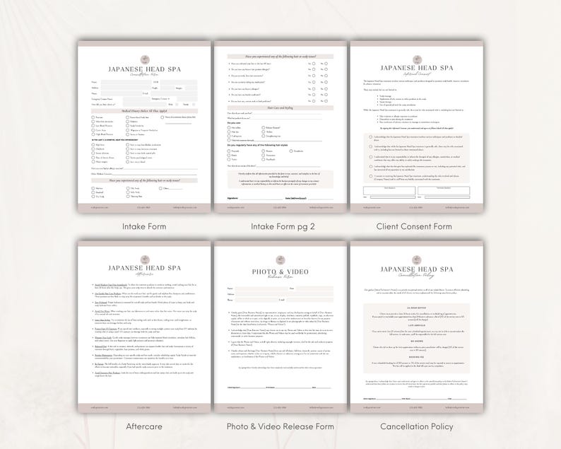 May include: A set of six white Japanese Head Spa business forms including an intake form, intake form page two, client consent form, aftercare instructions, photo and video release form, and a cancellation policy, all featuring black text and headers.