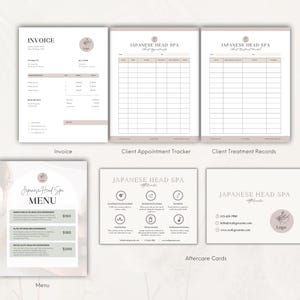 May include: A collection of Japanese Head Spa business documents including an invoice, client appointment tracker, client treatment records, a service menu, and aftercare cards. The documents feature a neutral colour palette with text.