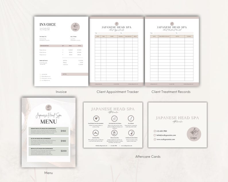 May include: A collection of Japanese Head Spa business documents including an invoice, client appointment tracker, client treatment records, a service menu, and aftercare cards. The documents feature a neutral colour palette with text.