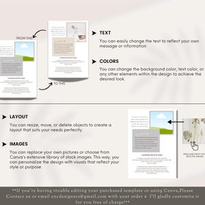 Op de afbeelding: Een Canva-sjabloonontwerpgids met instructies over het aanpassen van tekst, kleuren, lay-out en afbeeldingen. De gids bevat een voor- en na-voorbeeld van een ontwerp met een hemel- en grasachtergrond.