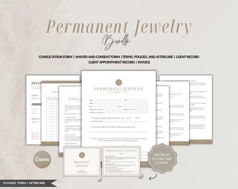 Formulario de joyería permanente: Consulta, Exención de responsabilidad y Cuidados posteriores (Canva editable, descarga digital)