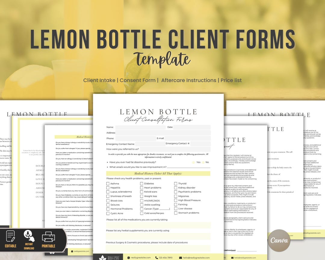 Bottling Rework Form Lemon Bottle Treatment Client Forms Bundle,editable Intake Consent ...