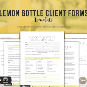 Paquete de formularios para clientes de tratamiento con botella de limón, historial médico editable y plantilla de formulario para servicios de disolución de grasa.