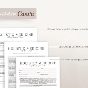 Op de afbeelding: Witte papiersjablonen voor holistische geneeskunde, waaronder een toestemmingsformulier voor de cli&euml;nt, een probleemlijst en een intakevragenlijst. De tekst "HOLISTIC MEDICINE" is prominent aanwezig. De tekst "100% Editable in Canva" is ook aanwezig.