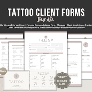 Modello di pacchetto di moduli per clienti di tatuaggi per tatuatori / Modulo di consenso, anamnesi, istruzioni per la cura successiva, moduli di ammissione e rilascio del cliente