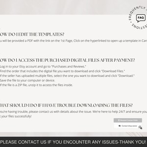May include: A white background with black text explaining how to edit and access purchased digital files after payment. The text includes the words "Frequently Asked Questions" and "FAQ".