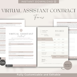 May include: A printable virtual assistant contract and invoice template. The contract includes sections for payment for services, description of services, service location, schedule and days off, confidentiality, and termination. The invoice includes sections for company name, invoice number, date, particulars, price, quantity, amount, account details, and total. The template is fully customizable and editable.
