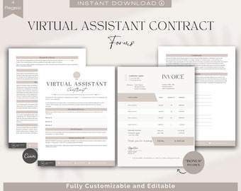 May include: A printable virtual assistant contract and invoice template. The contract includes sections for payment for services, description of services, service location, schedule and days off, confidentiality, and termination. The invoice includes sections for company name, invoice number, date, particulars, price, quantity, amount, account details, and total. The template is fully customizable and editable.