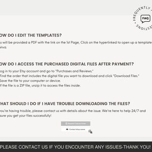 Op de afbeelding: Een witte achtergrond met zwarte tekst die uitlegt hoe je gekochte digitale bestanden na betaling kunt bewerken en openen. De tekst bevat instructies over hoe je bestanden kunt downloaden en hoe je contact kunt opnemen met de verkoper als je problemen hebt met het downloaden van de bestanden. De tekst bevat ook de zin "Veelgestelde vragen" in een cirkel met een vraagteken.