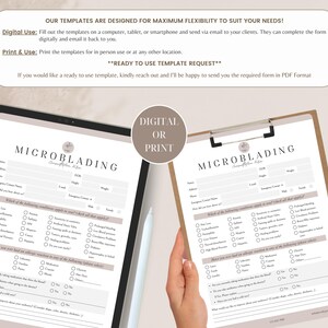 May include: A microblading consultation form template displayed on a tablet and a printed clipboard. The form includes fields for personal information, medical history, and allergy details, with text headers reading Microblading Consultation Form.