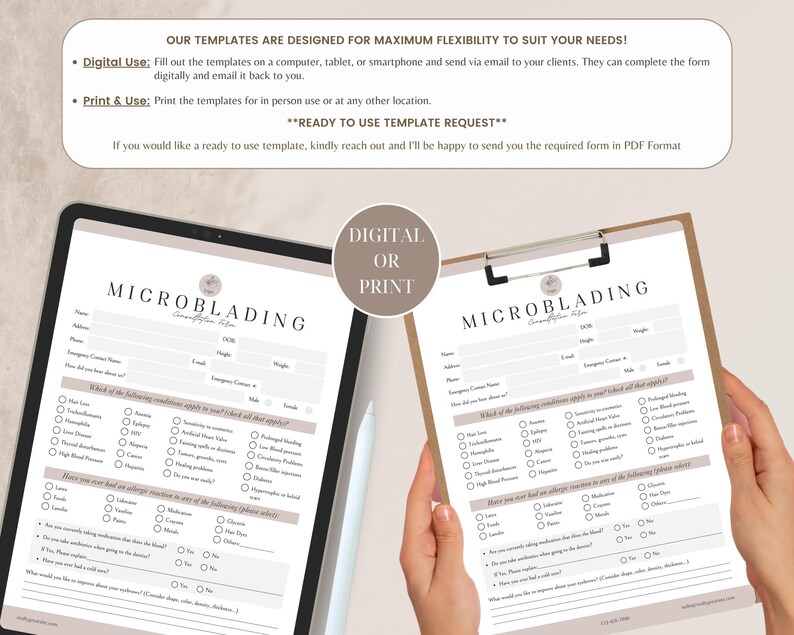 May include: A microblading consultation form template displayed on a tablet and a printed clipboard. The form includes fields for personal information, medical history, and allergy details, with text headers reading Microblading Consultation Form.