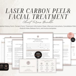 Puede incluir: Un paquete digital de formularios para clientes de peeling láser de carbono y tratamientos faciales, que incluye historial médico, consentimiento, información de tratamiento, instrucciones de cuidado posterior, política de cancelación y facturas.
