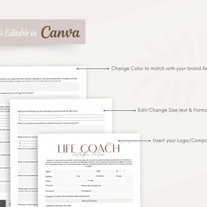 Op de afbeelding: Een printbaar intakeformulier voor een life coach met een bruin en wit kleurenschema. Het formulier bevat secties voor persoonlijke informatie, noodcontacten, huwelijksgeschiedenis en vragen over de doelen en uitdagingen van de cli&euml;nt. De tekst "LIFE COACH Intake Form" staat bovenaan het formulier.