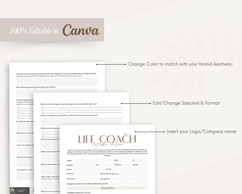 Op de afbeelding: Een printbaar intakeformulier voor een life coach met een bruin en wit kleurenschema. Het formulier bevat secties voor persoonlijke informatie, noodcontacten, huwelijksgeschiedenis en vragen over de doelen en uitdagingen van de cli&euml;nt. De tekst "LIFE COACH Intake Form" staat bovenaan het formulier.